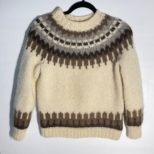 Vintage LL Bean Icelandic Wool Sweater Women Brown Nordic Fair Isle Pullover Ski